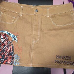 Broken Promises Wheelbarrow Brown/Tan Mini Skirt Size 14 NEW W/O TAGS